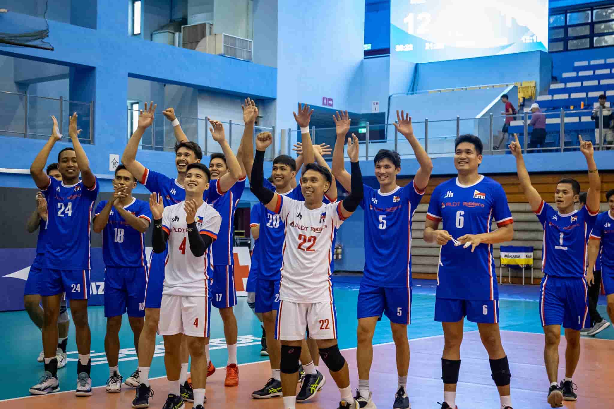 Philippines celebrate after winning their match against Mongolia in the AVC Challenge Cup for Men 2023