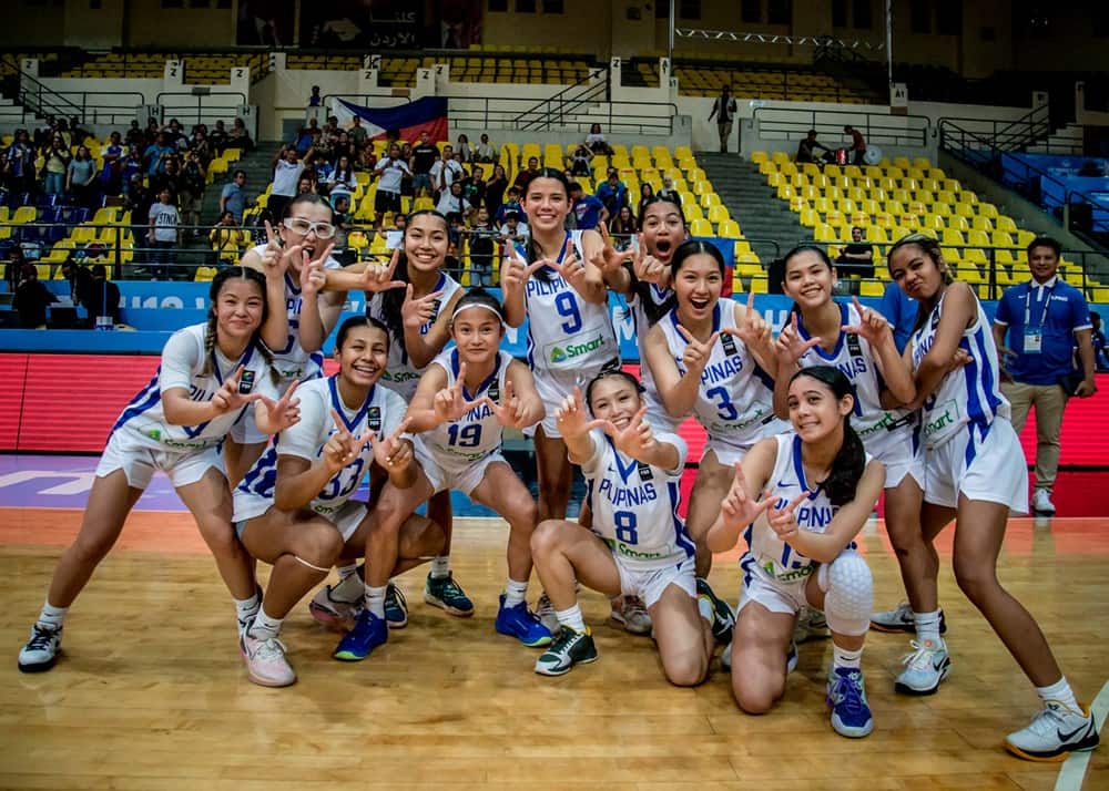 gilas pilipinas women's under-16 team in a photo-op after their win against hong kong in the fiba under-16 women's asian championship 2023