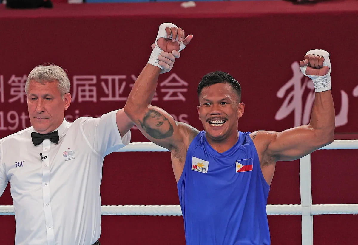 eumir marcial after beating thailand's weerapon jongjoho in their quarterfinal clash in the 19th asian games in hangzhou, china