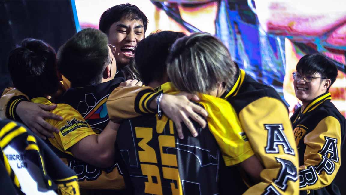 AP Bren players are celebrating their win against Blacklist International in MPL Philippines Season 12 Upper Bracket Finals.