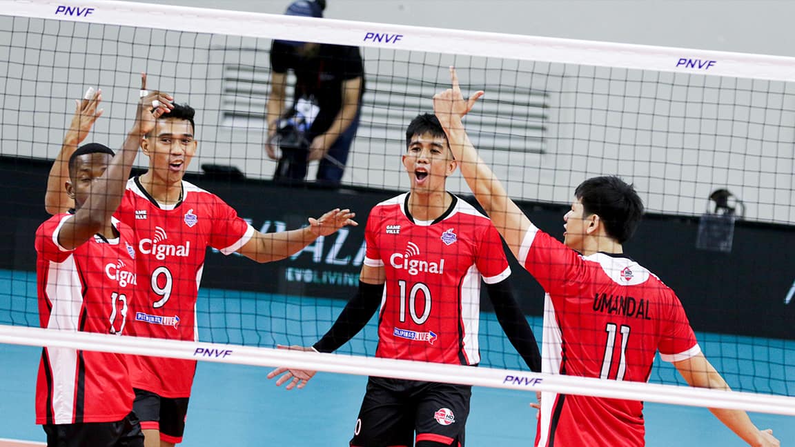 Cignal HD Spikers celebrating their three-set victory over PGJC Philippine Navy in the PNVF Champions League 2024.